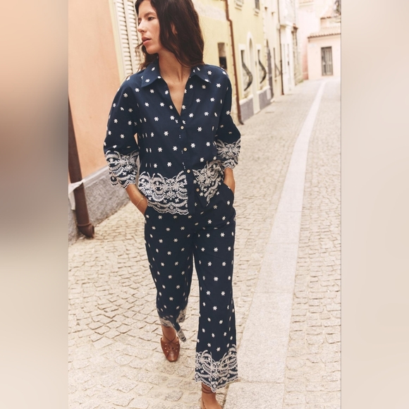 ZARA 2 PIECES EMBROIDERED SHIRT WITH EMBROIDERED CULOTTES SIZE XS - Picture 2 of 13